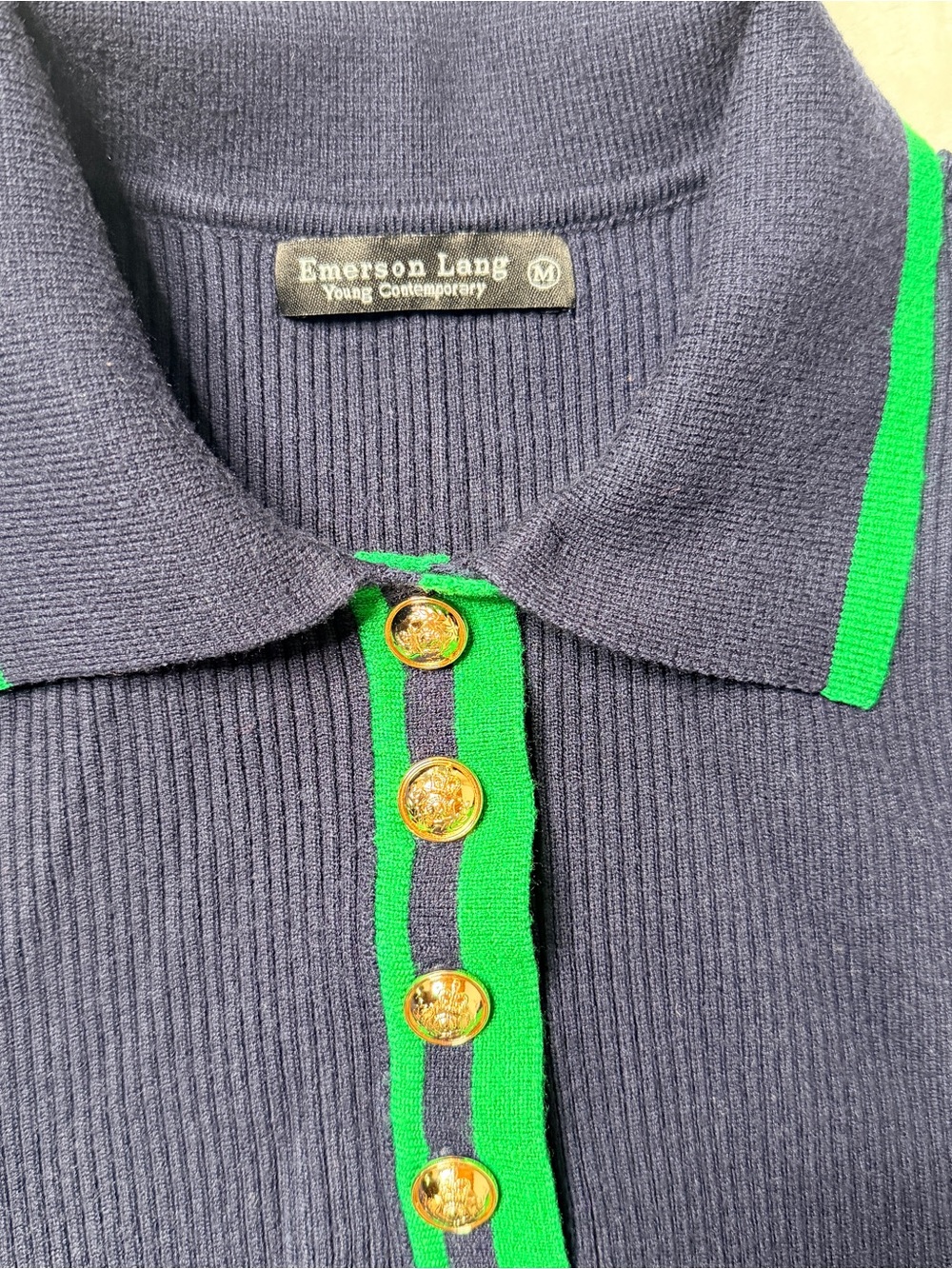 Emerson Lang Navy Knit Polo Sweater with Green Trim, academia, preppy, - Picture 3 of 10